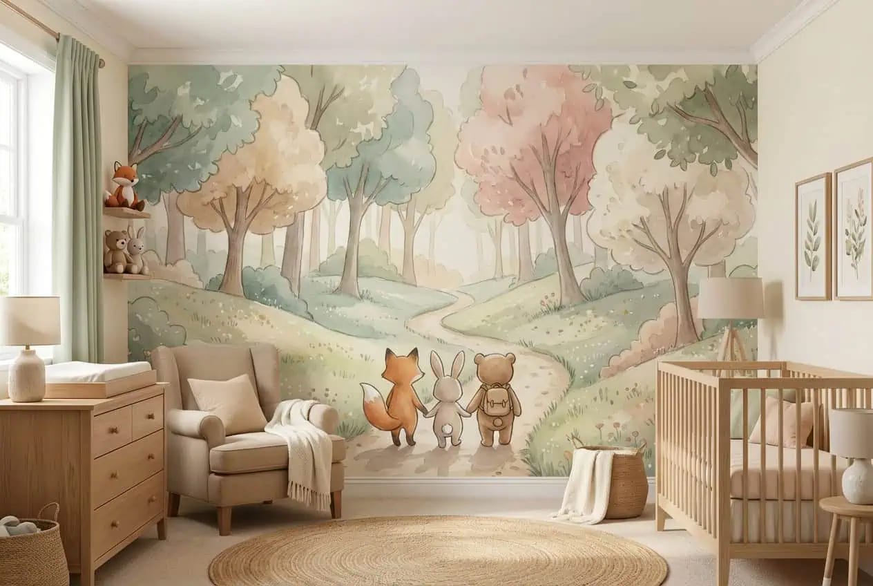 bos behang pastel achter commode en ledikant in lichte kinderkamer