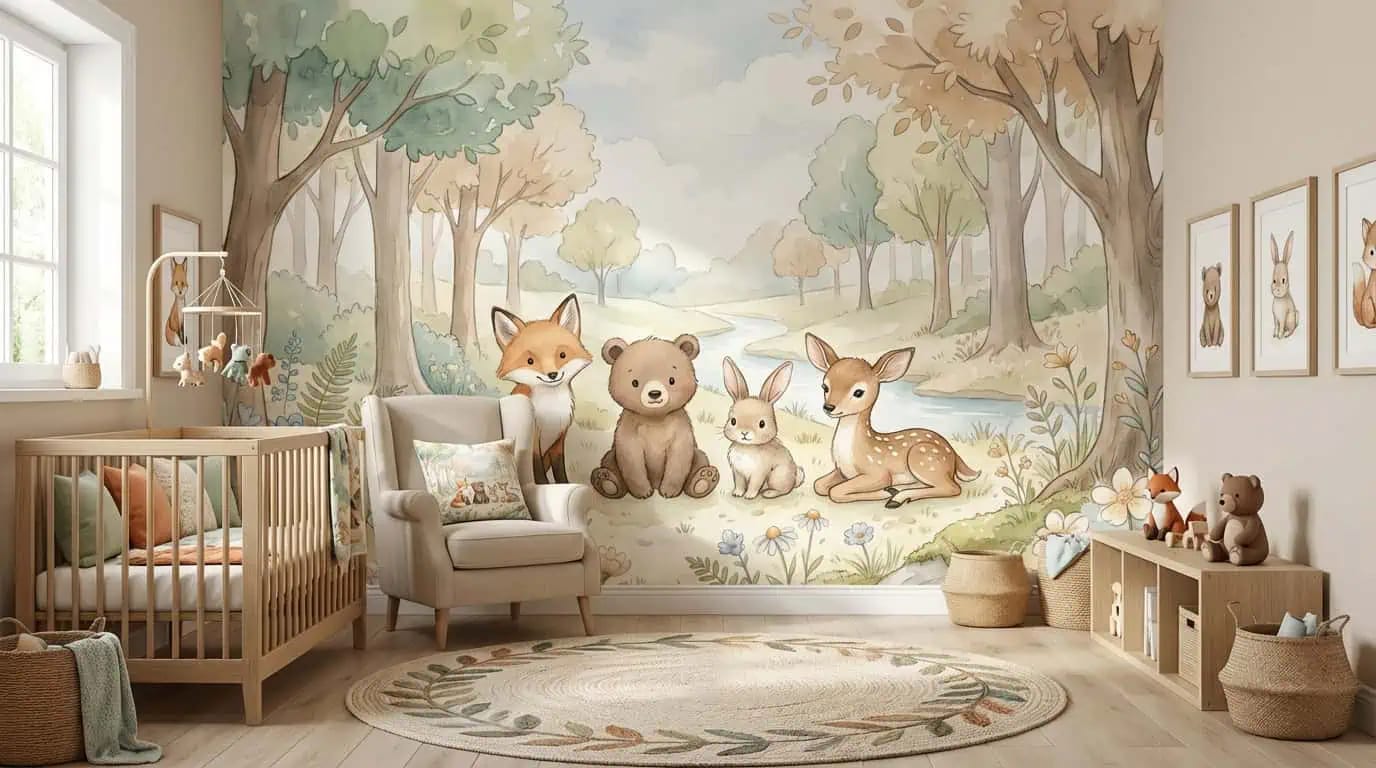 bosdieren behang pastel achter ledikant in lichte kinderkamer