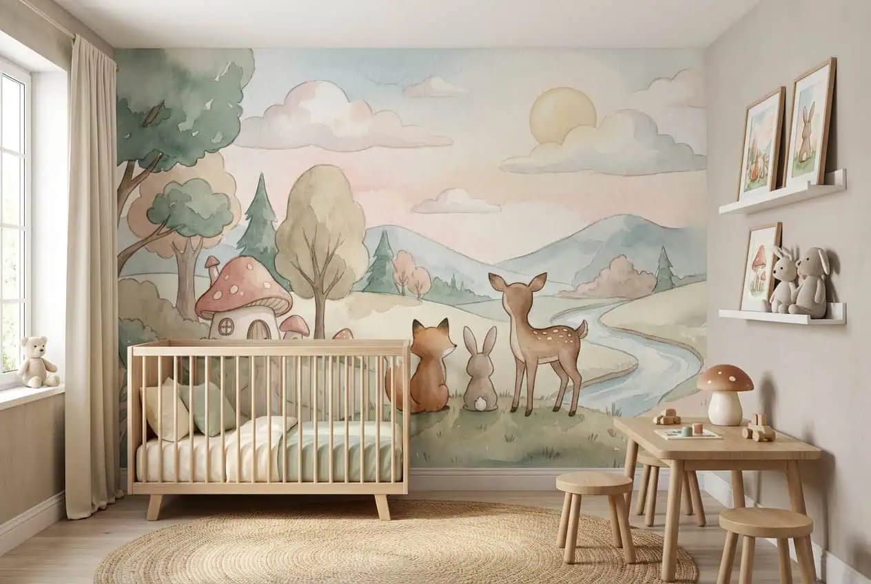 bosdieren behang pastel achter houten ledikant in lichte kinderkamer