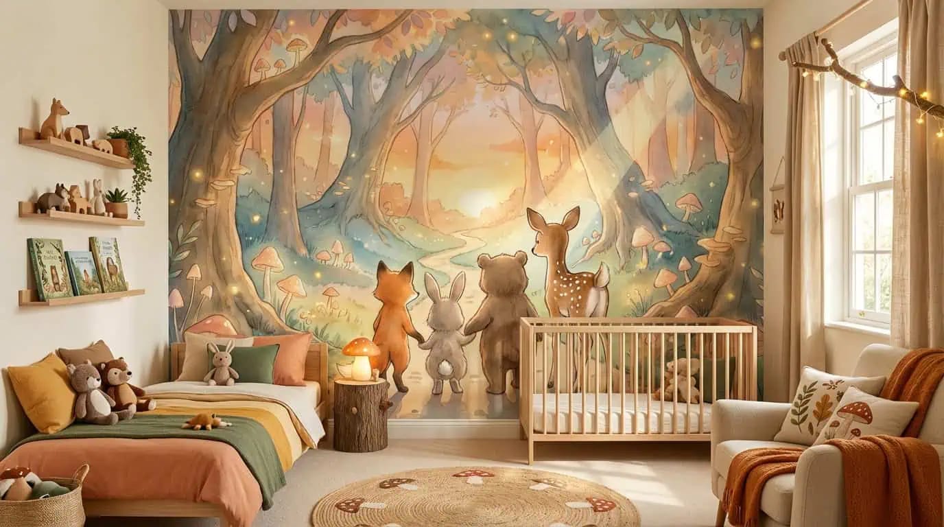 bosdieren behang zonsopgang achter kinderbed en ledikant in sfeervolle kinderkamer