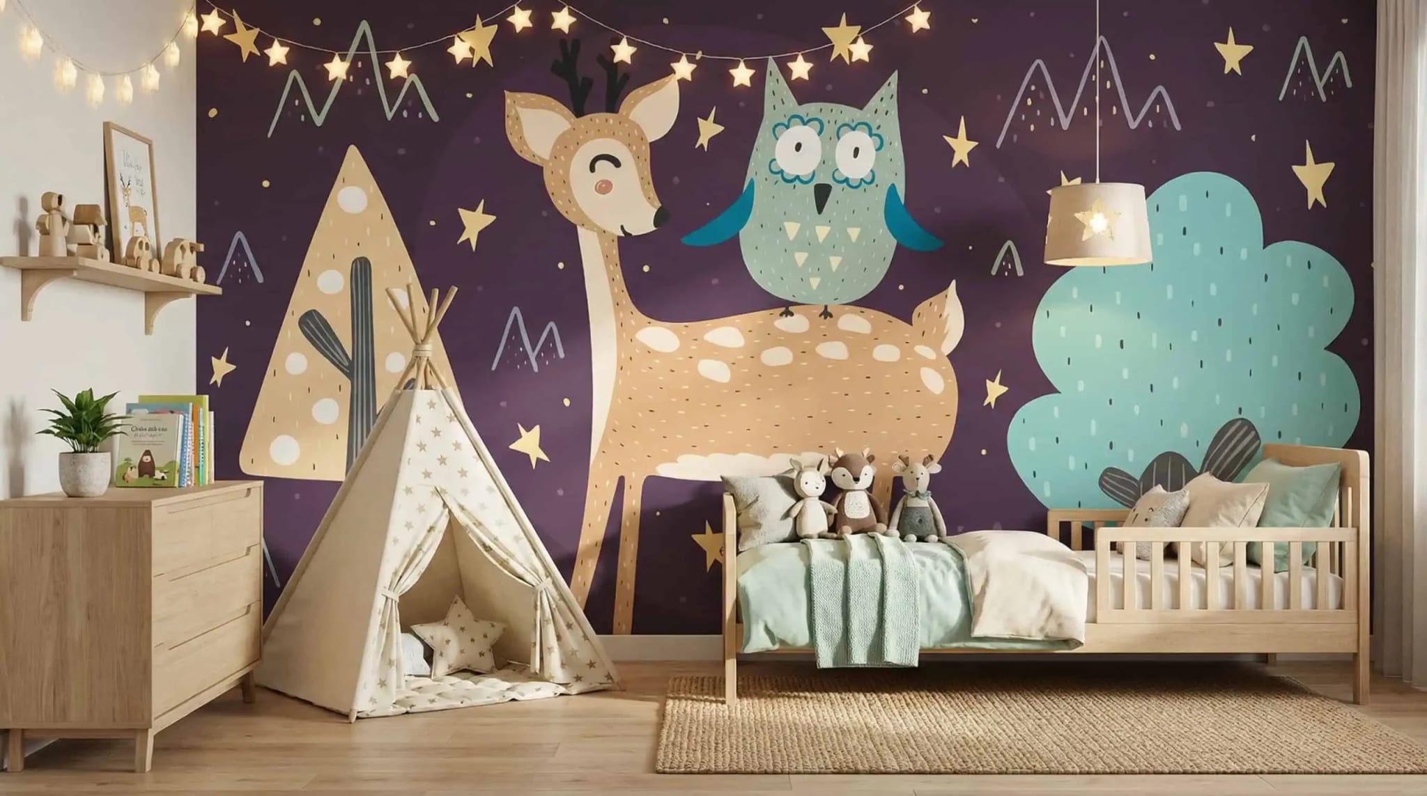 fotobehang bosdieren kinderkamer met hertje en uil in de kinderkamer
