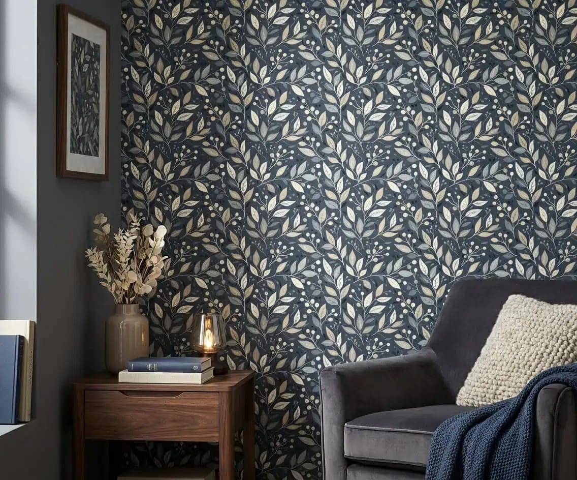 botanisch behang blauwgrijs achter fauteuil en bijzettafel in woonkamer