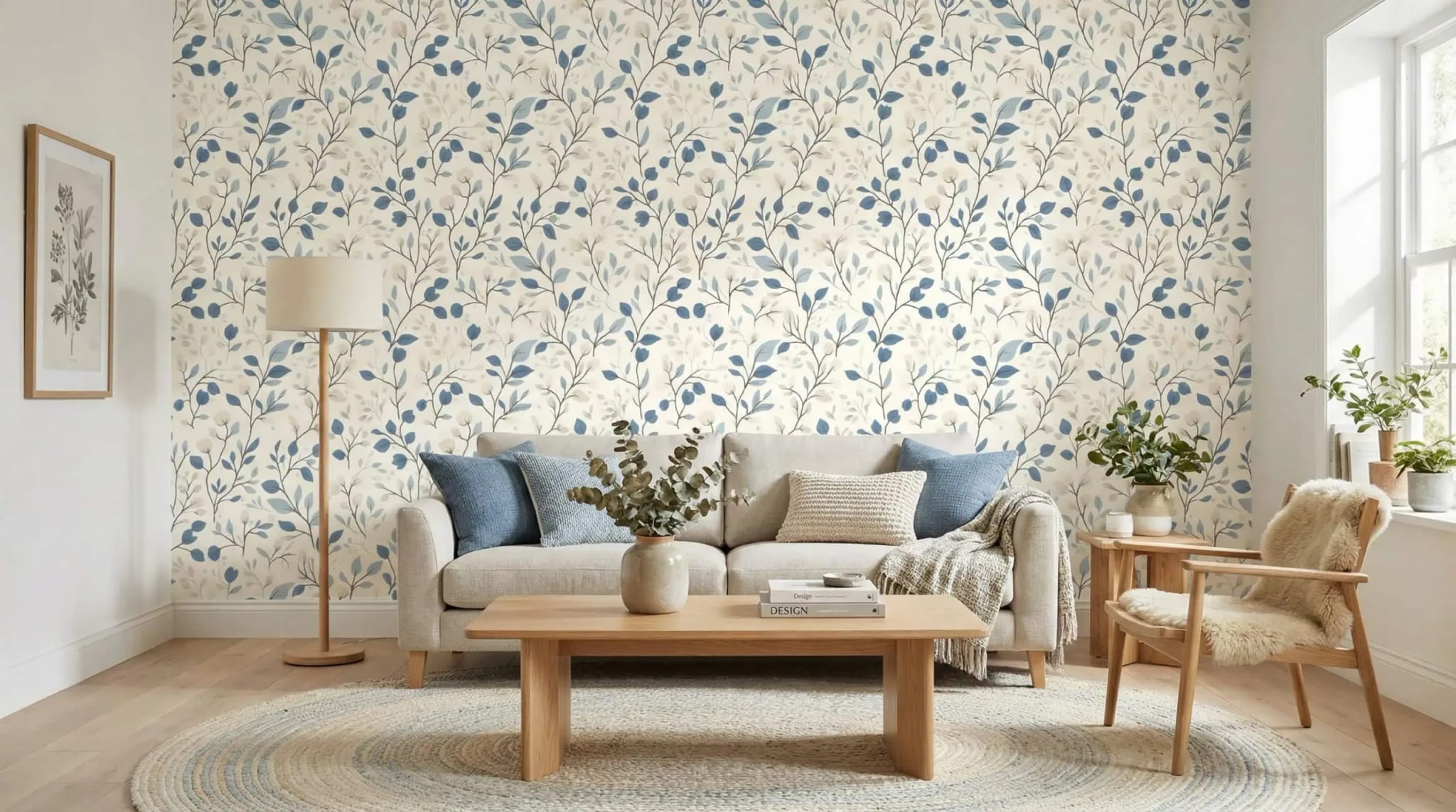 botanisch bladeren behang in blauw en zand achter bank in lichte woonkamer