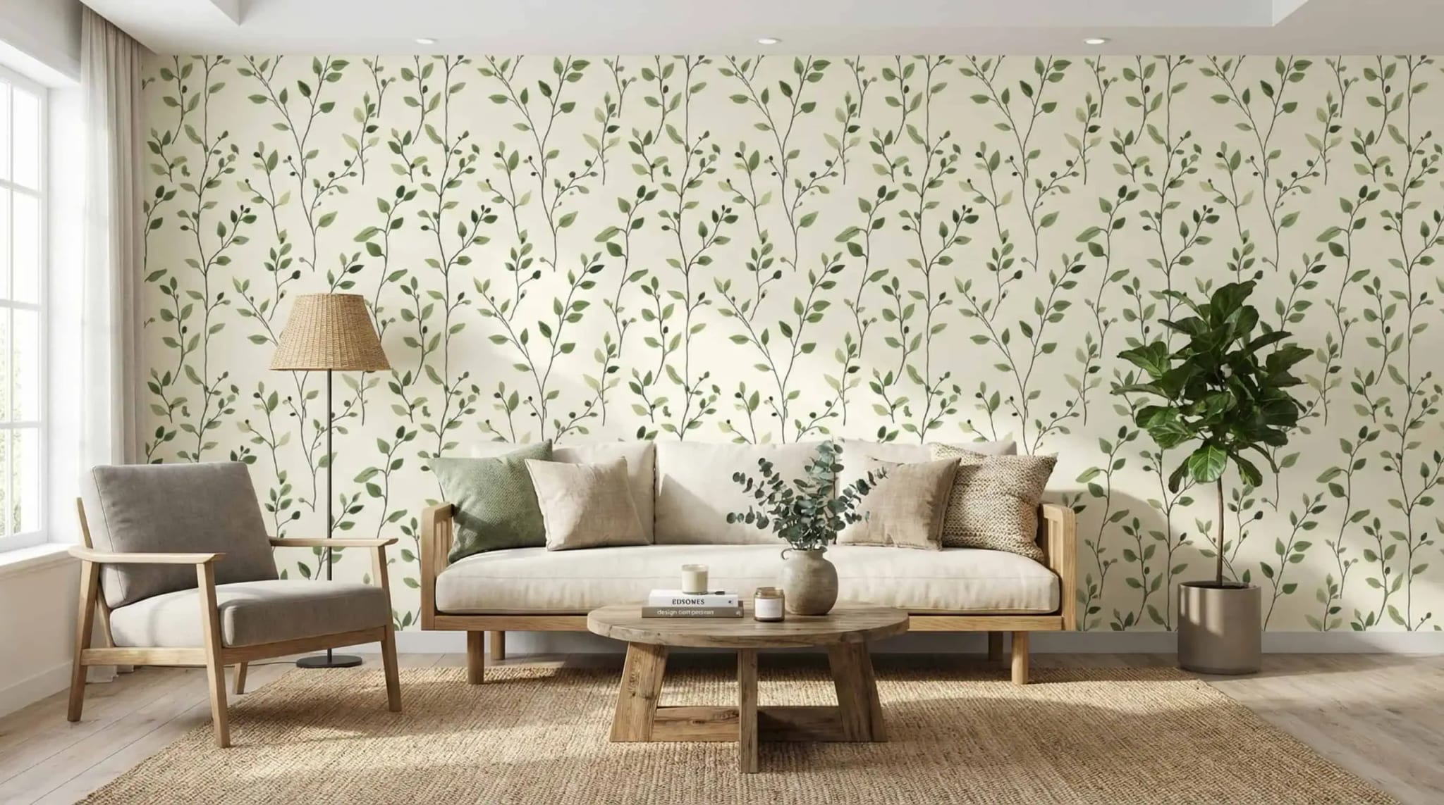 botanisch bladeren behang met groene rankentakken achter bank in lichte woonkamer