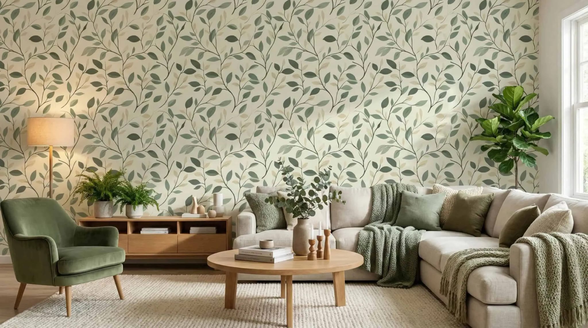 botanisch bladeren behang in saliegroen achter hoekbank in lichte woonkamer