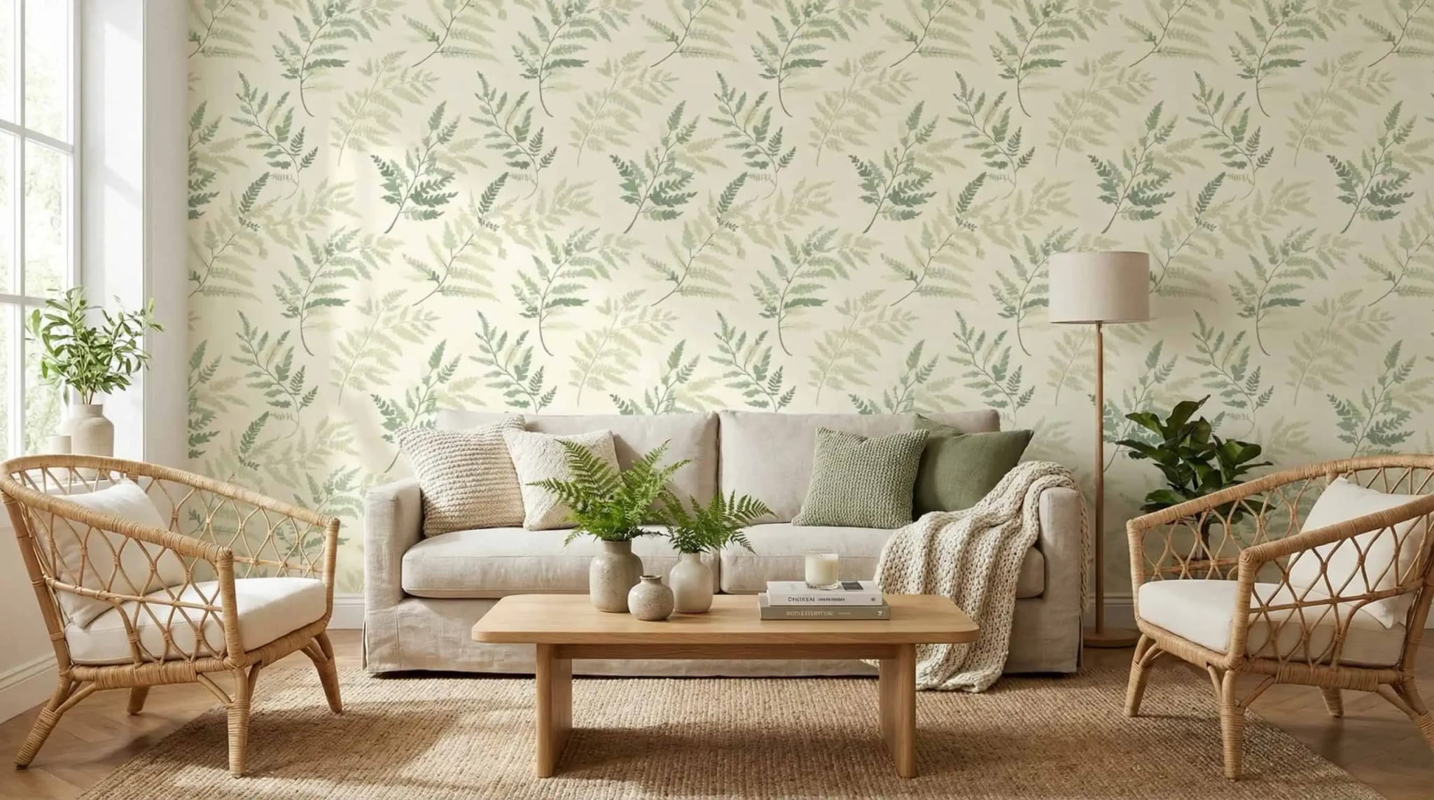 botanisch bladeren behang met varens achter bank in lichte woonkamer