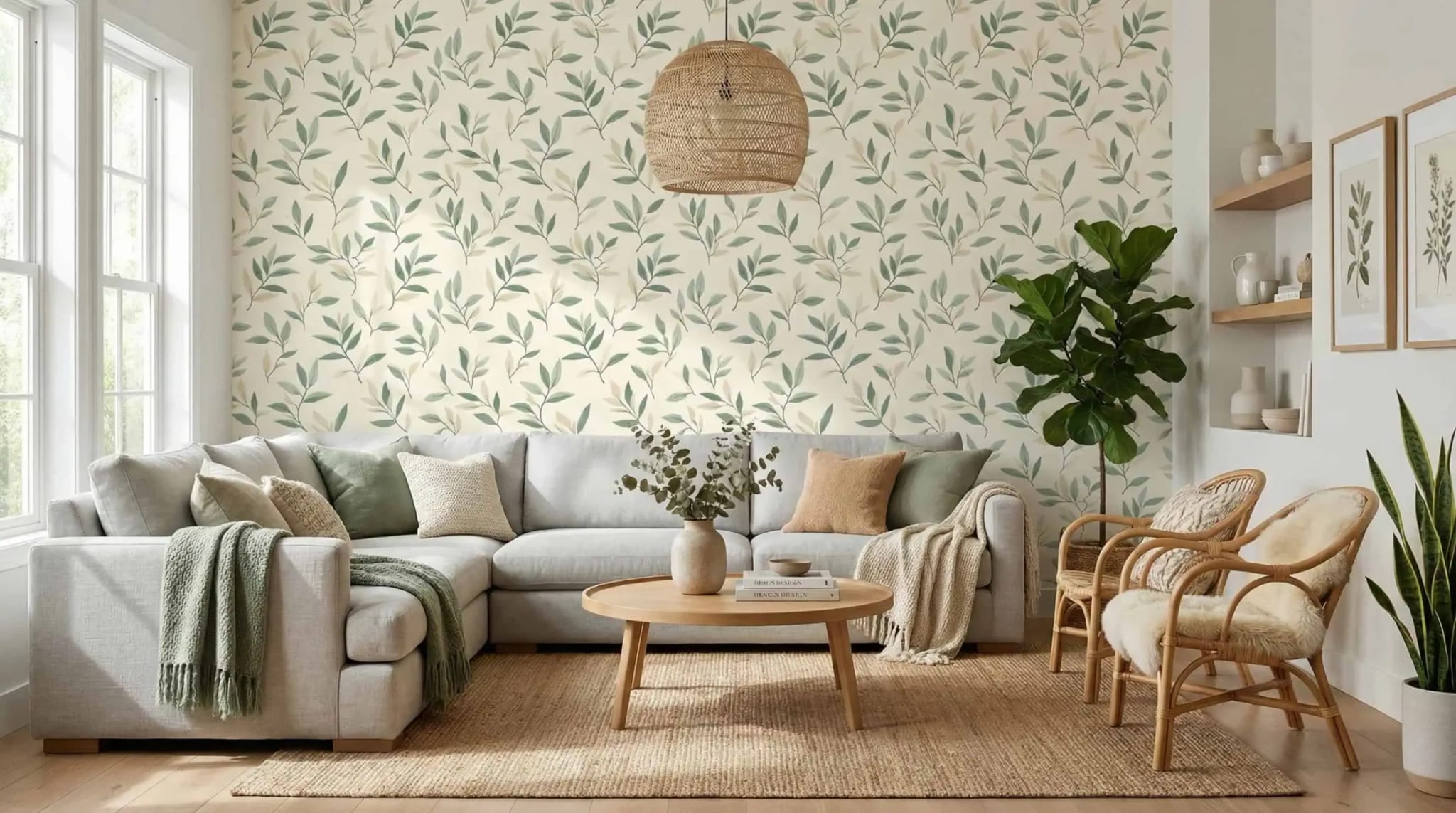 botanisch bladeren behang in zacht groen achter hoekbank in lichte woonkamer