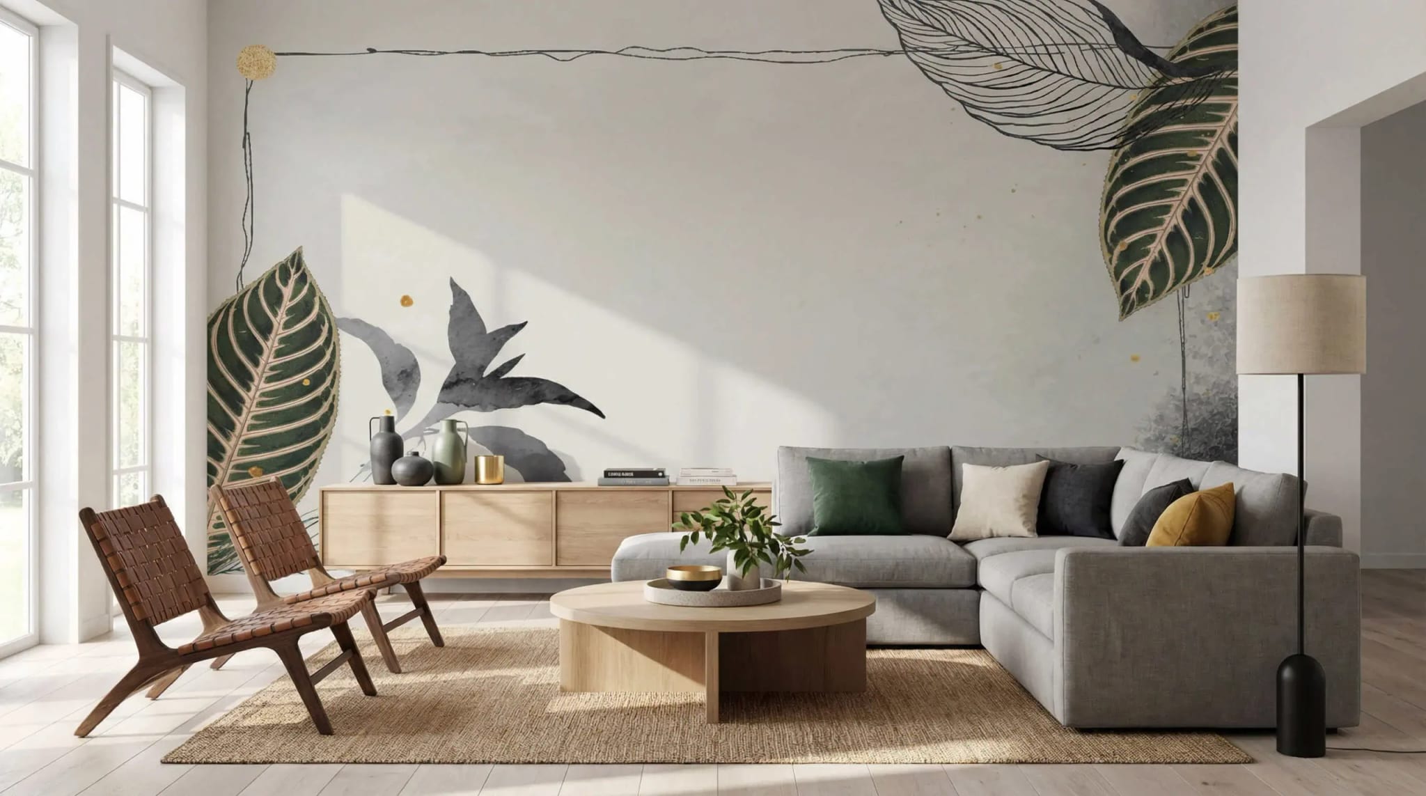 fotobehang botanische bladeren achter hoekbank in moderne woonkamer