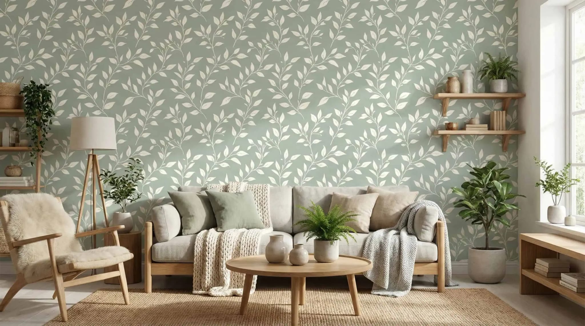 botanisch takken behang in diepgroen met lichte bladeren in de woonkamer
