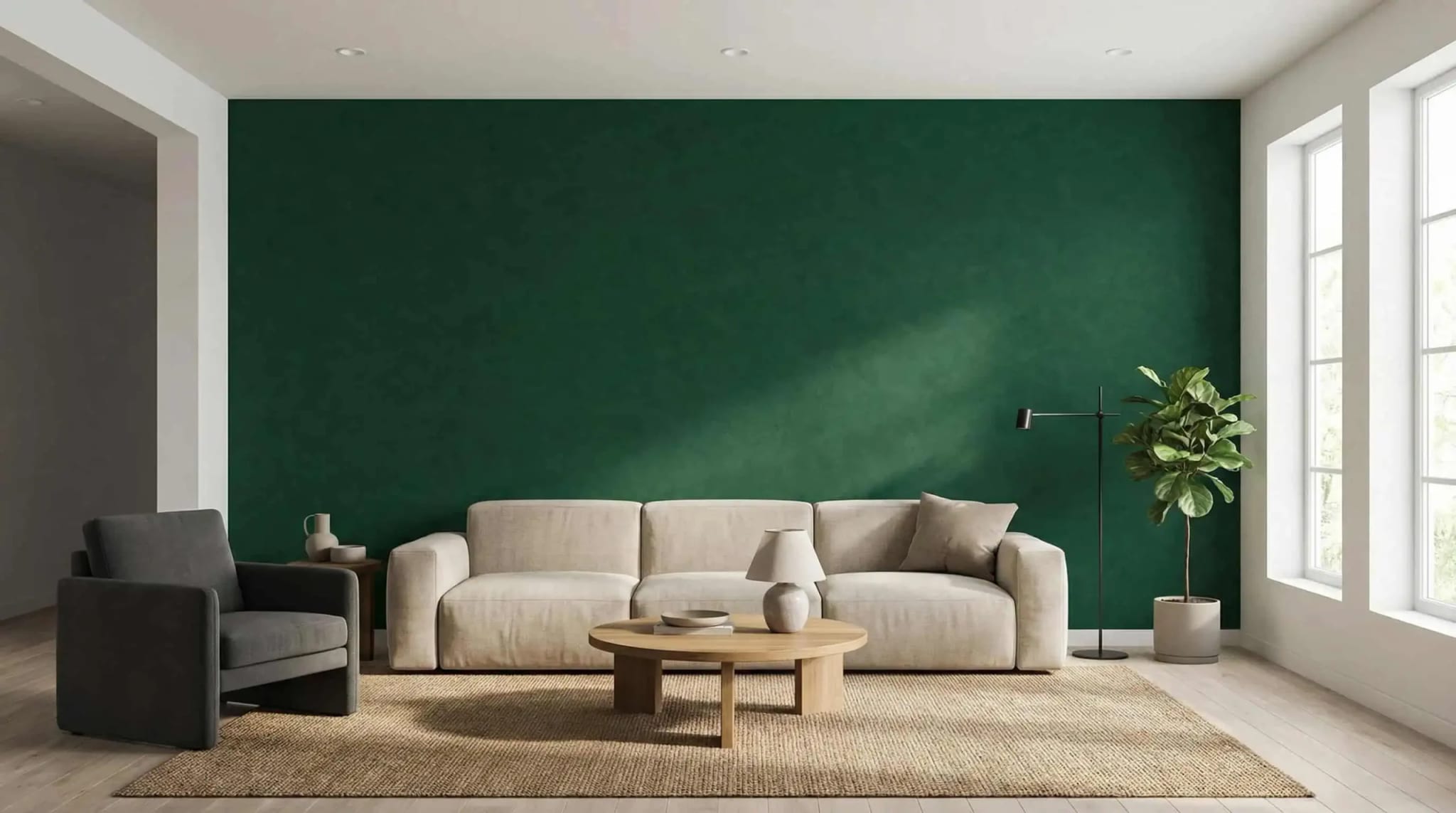 diep groen betonlook behang met luxe textuur in de woonkamer