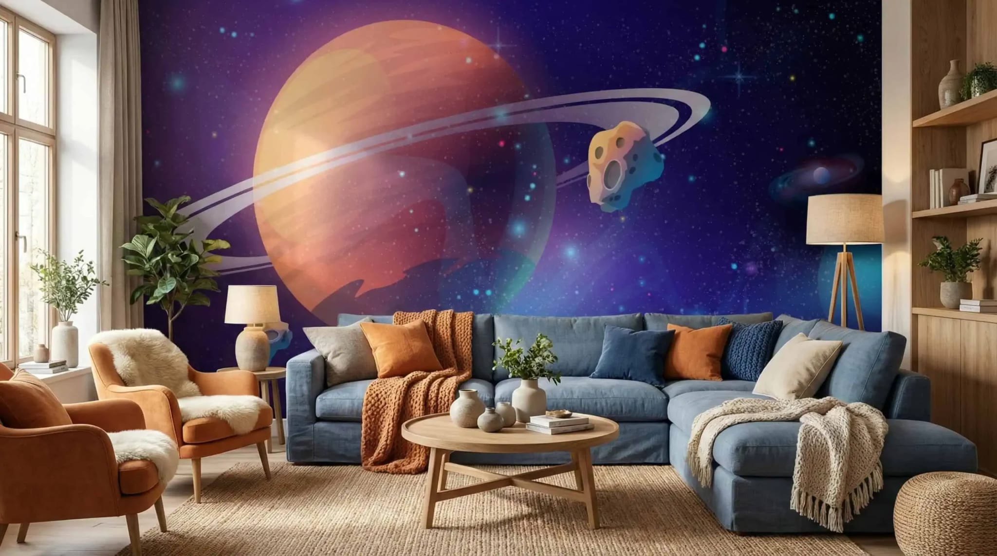 diepblauw ruimte planeten fotobehang in de woonkamer