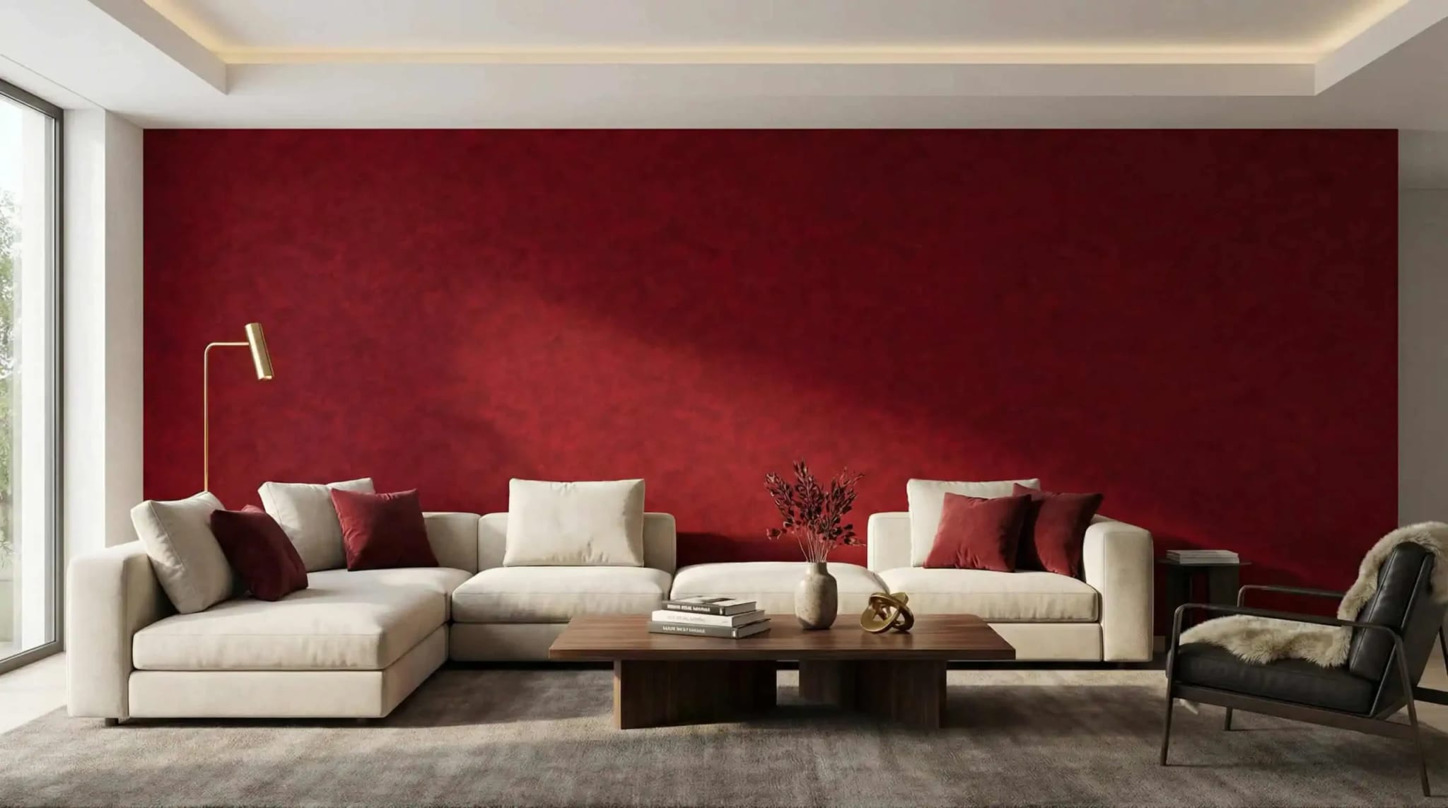 dieprood betonlook luxe behang in de woonkamer
