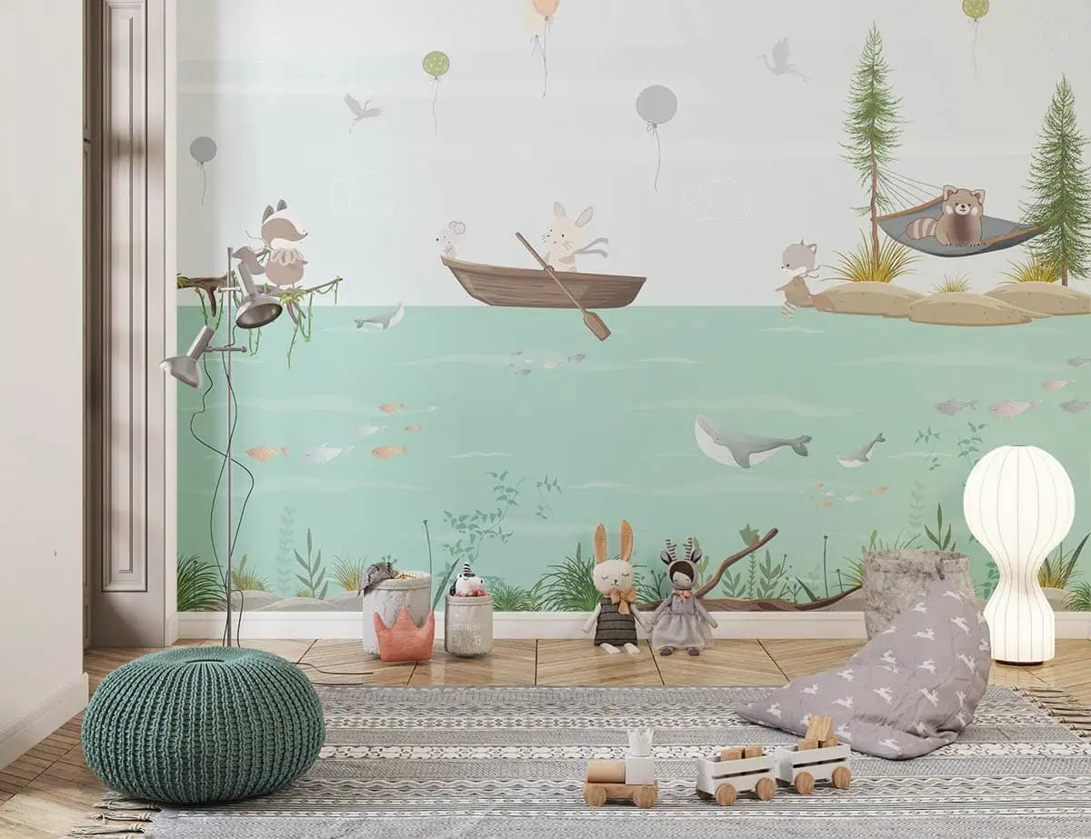 dieren behang pastelgroen achter speelhoek in kinderkamer