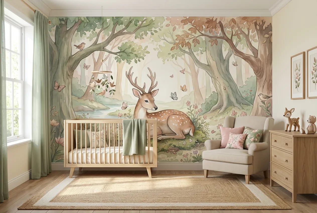 dieren behang babykamer achter houten ledikant in lichte babykamer