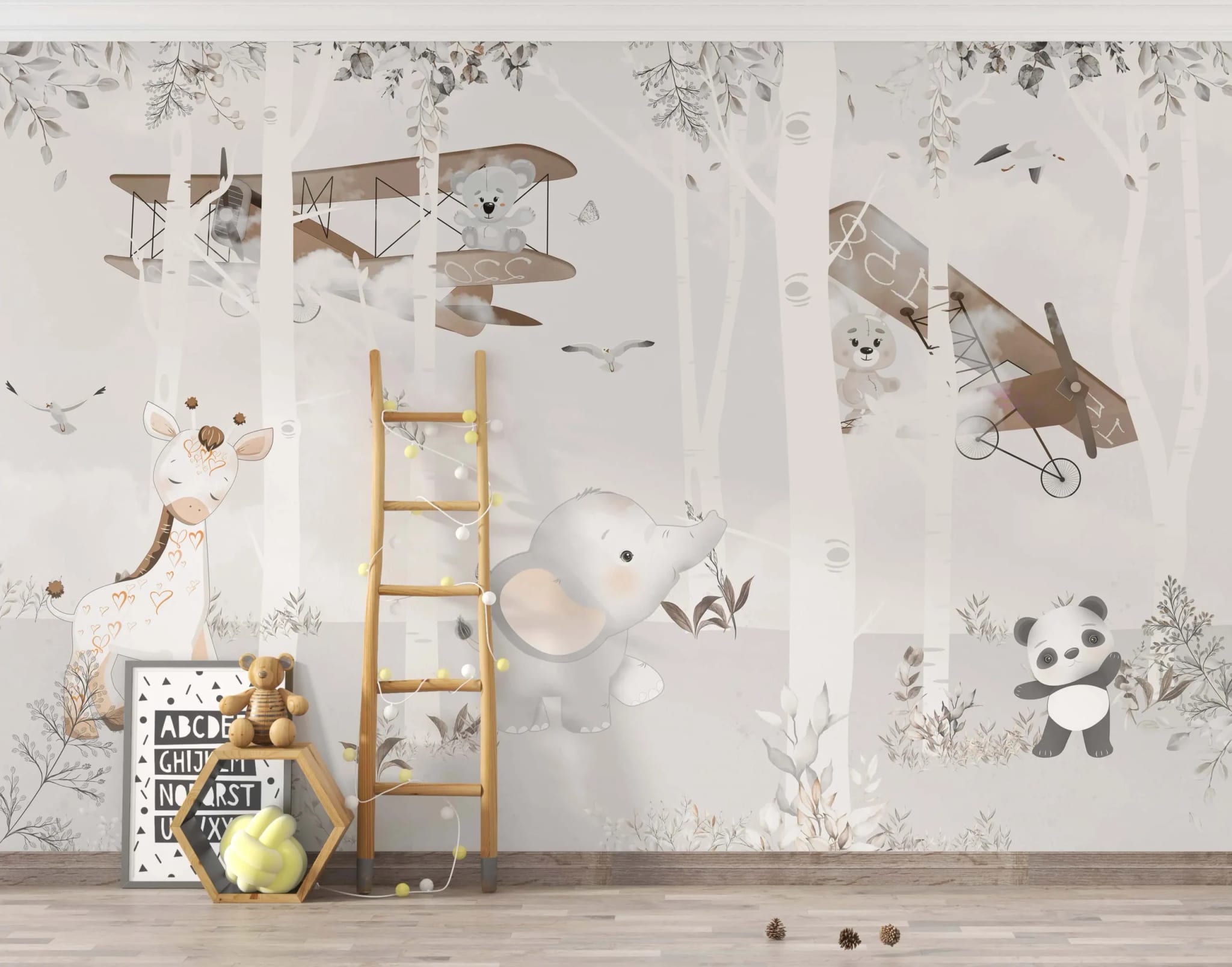 dieren behang babykamer achter speelgoed en ladder in kinderkamer