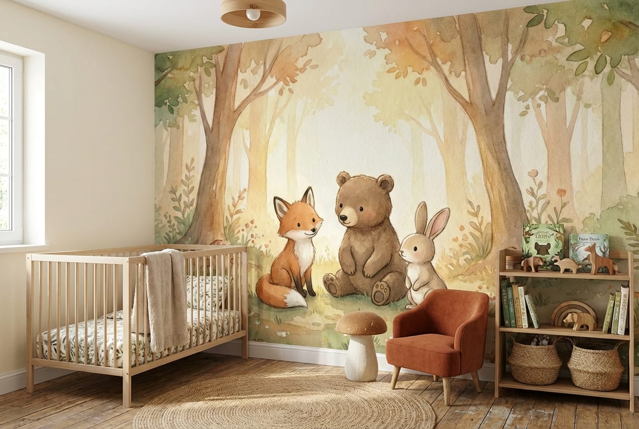 dieren behang beer vos konijn achter ledikant in kinderkamer