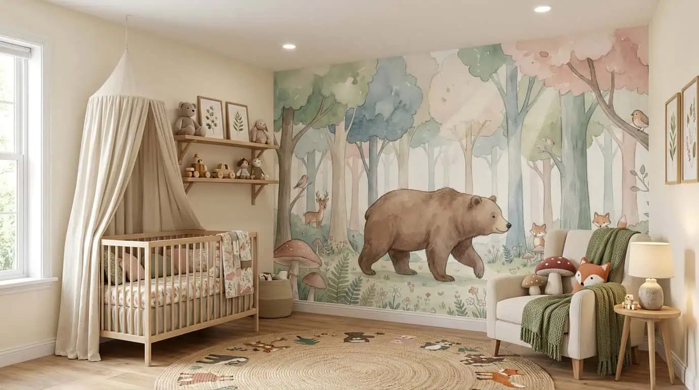 dieren behang beer vosjes pastel bos achter kinderbedje en fauteuil in kinderkamer
