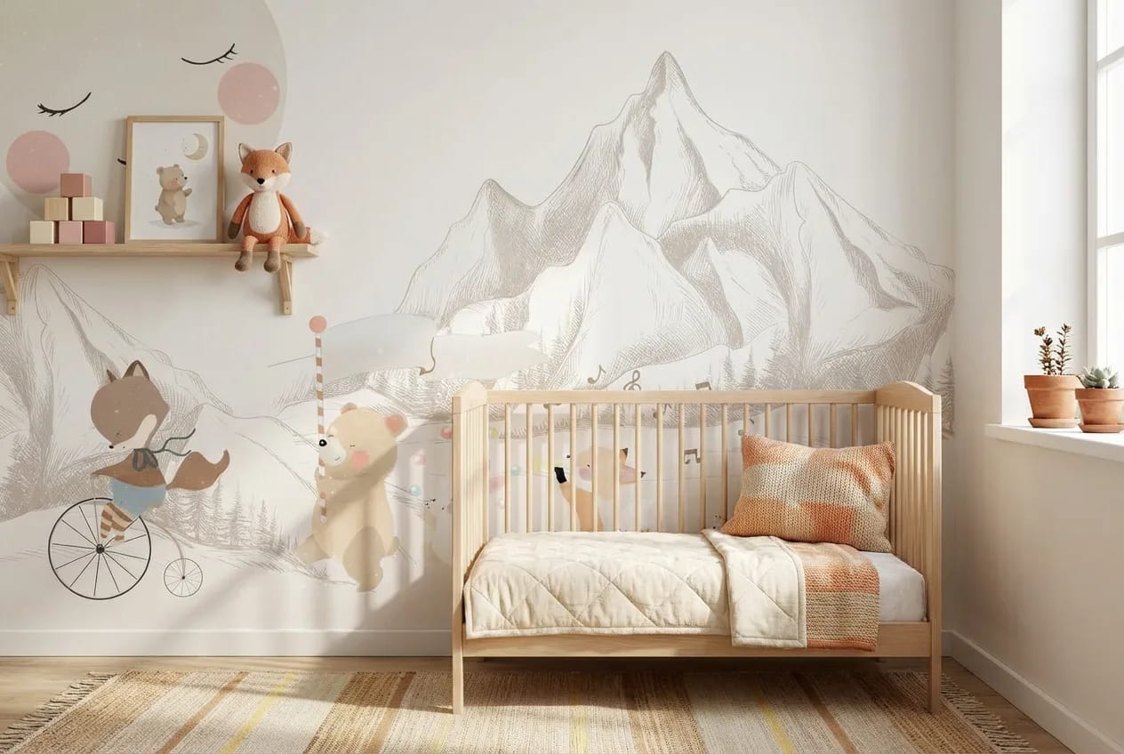 dieren behang bergen achter ledikant in lichte kinderkamer