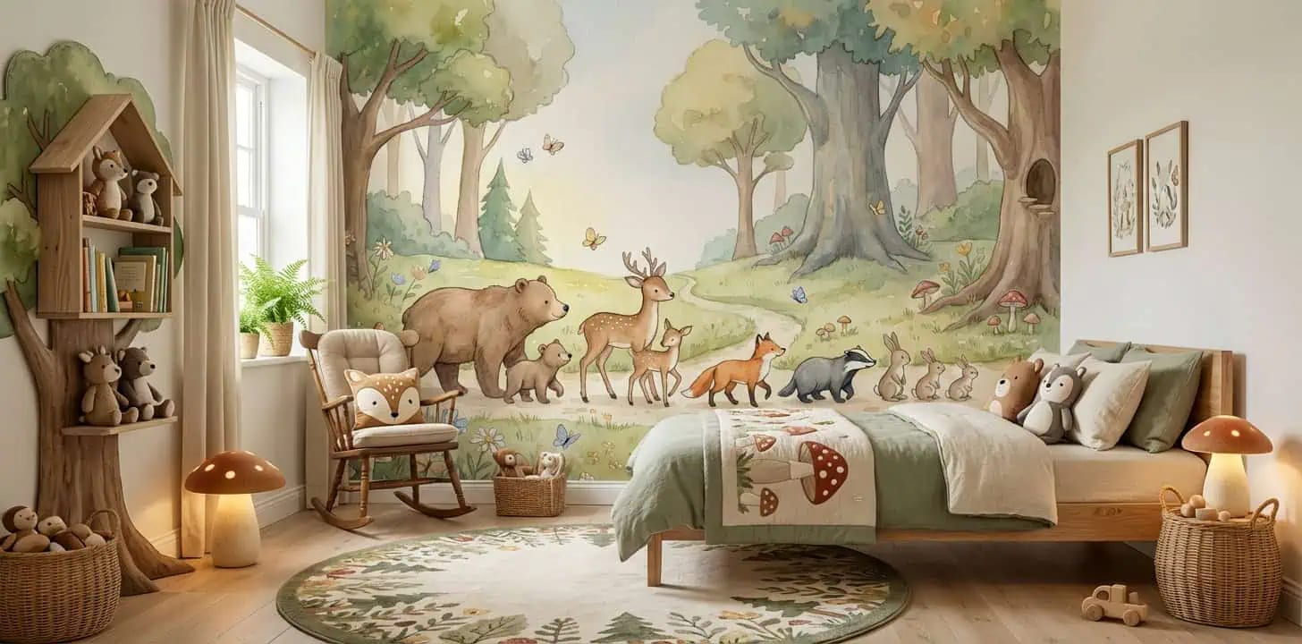 dieren behang bosdieren parade pastel achter kinderbed in knusse kinderkamer