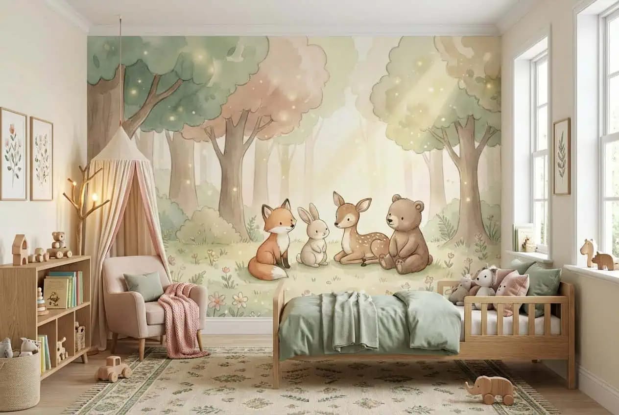 dieren behang pastelbos achter kinderbed in lichte kinderkamer