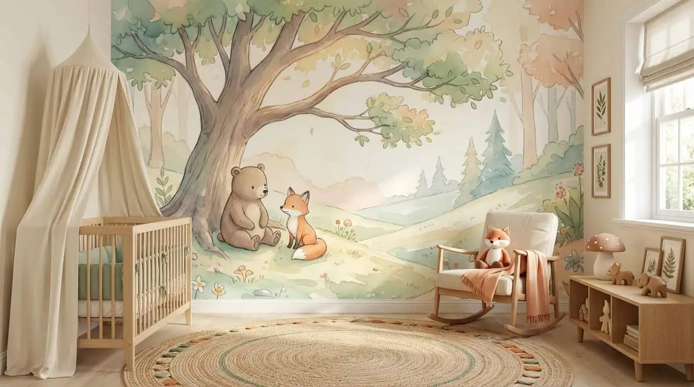 dieren behang bosvriendjes achter houten ledikant en fauteuil in kinderkamer