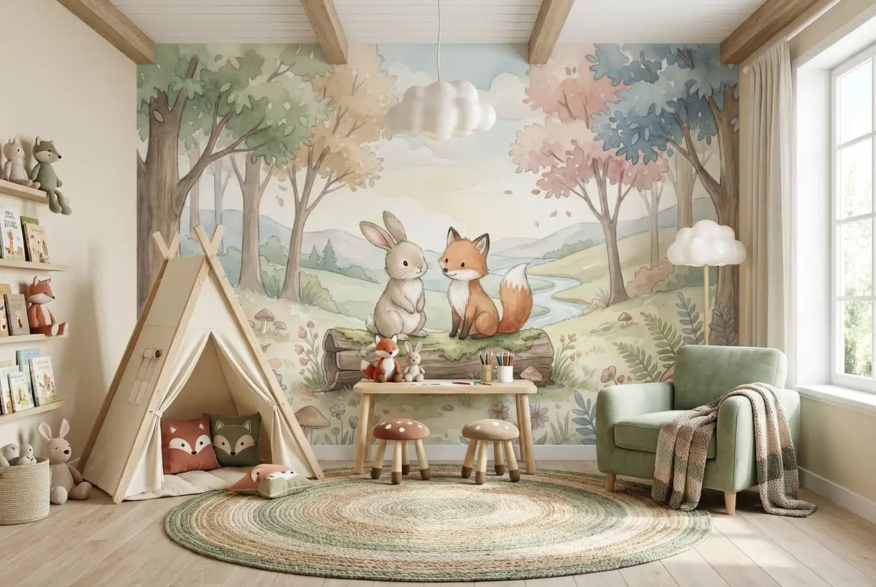 dieren behang bosvriendjes achter tipi tent en speeltafel in kinderkamer
