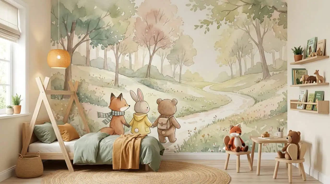 dieren behang pastelwandeling achter kinderbed en speelhoek in kinderkamer