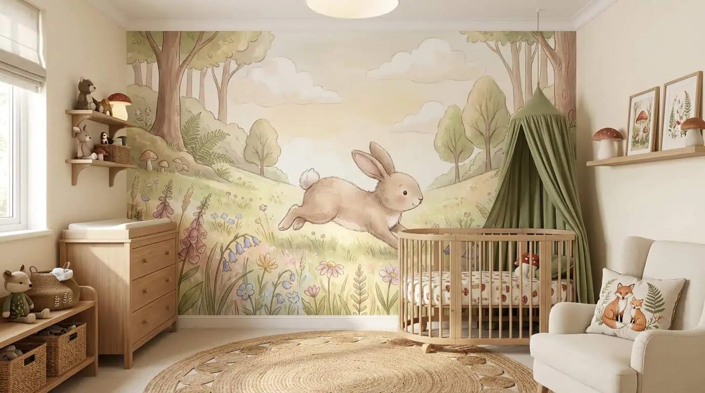 dieren behang konijn pastelbos achter ledikant in babykamer