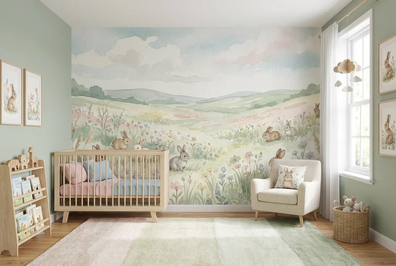 dieren behang konijntjes pastel achter ledikant in kinderkamer