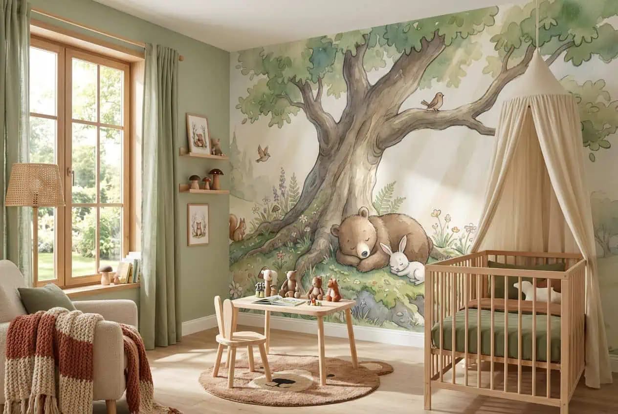 dieren behang sprookjesbos achter kinderbedje en speelhoek in kinderkamer