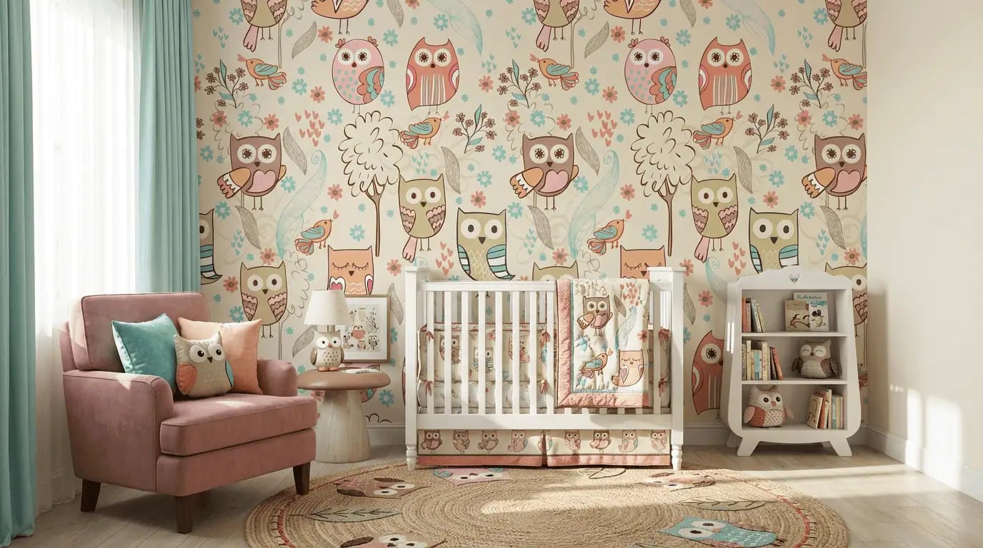 dieren behang uiltjes pastel crème achter babybedje in babykamer