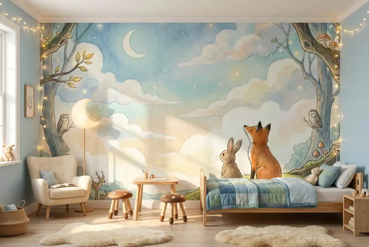 dieren behang vos konijn achter kinderbed in gezellige kinderkamer