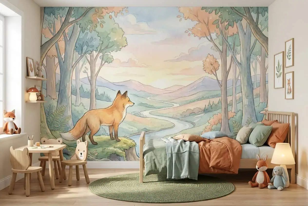dieren behang vos pastel bos achter kinderbed en speeltafel in kinderkamer
