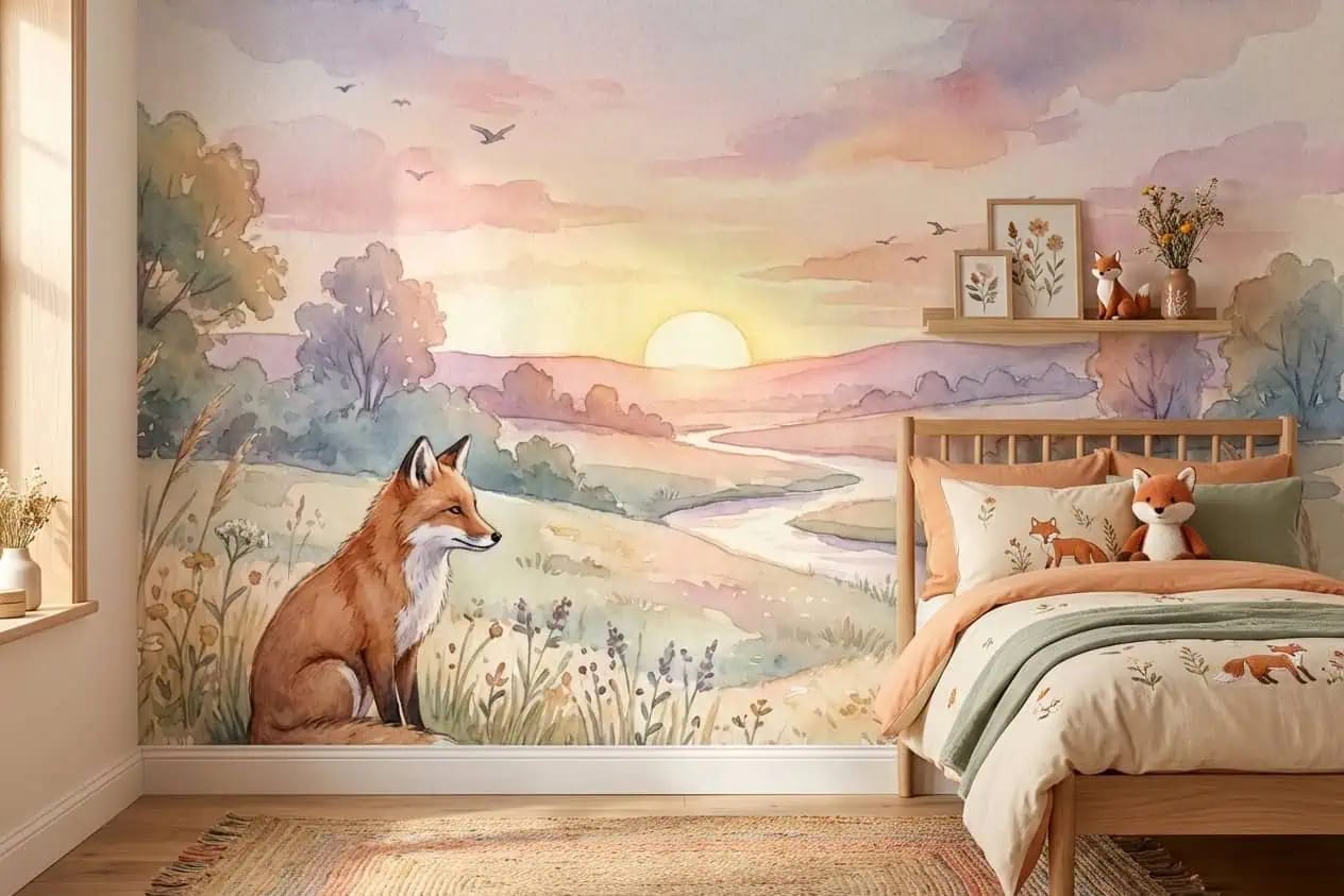 dieren behang vos pastel zonsopgang achter kinderbed in kinderkamer