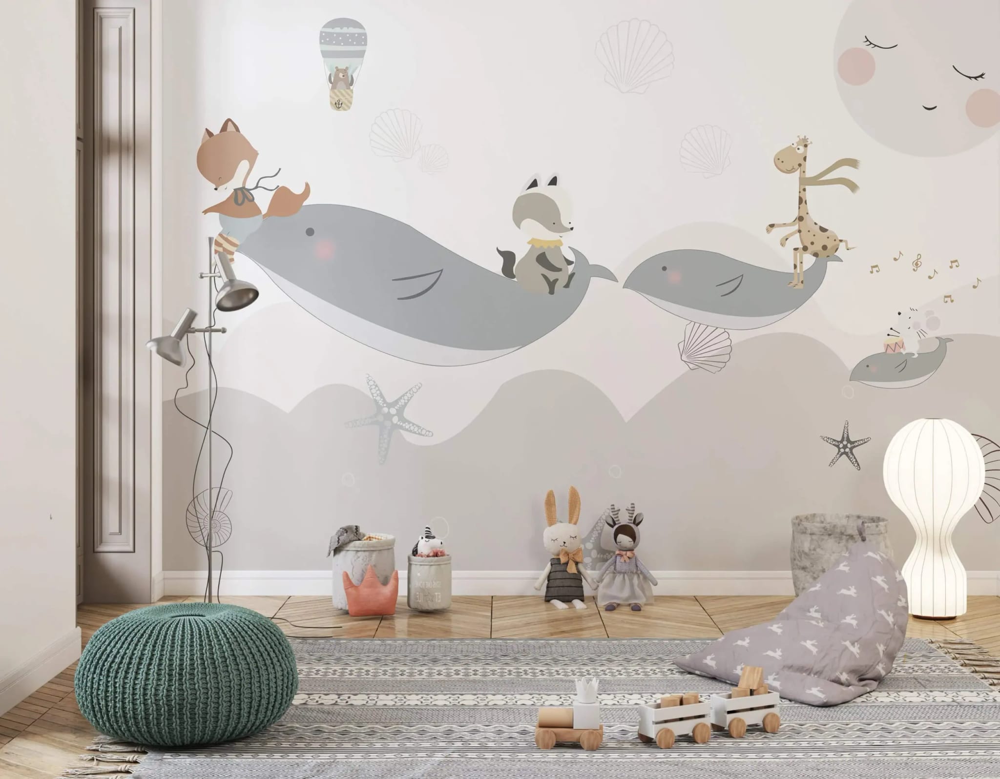 dieren behang walvis babykamer achter poef en speelgoed in kinderkamer