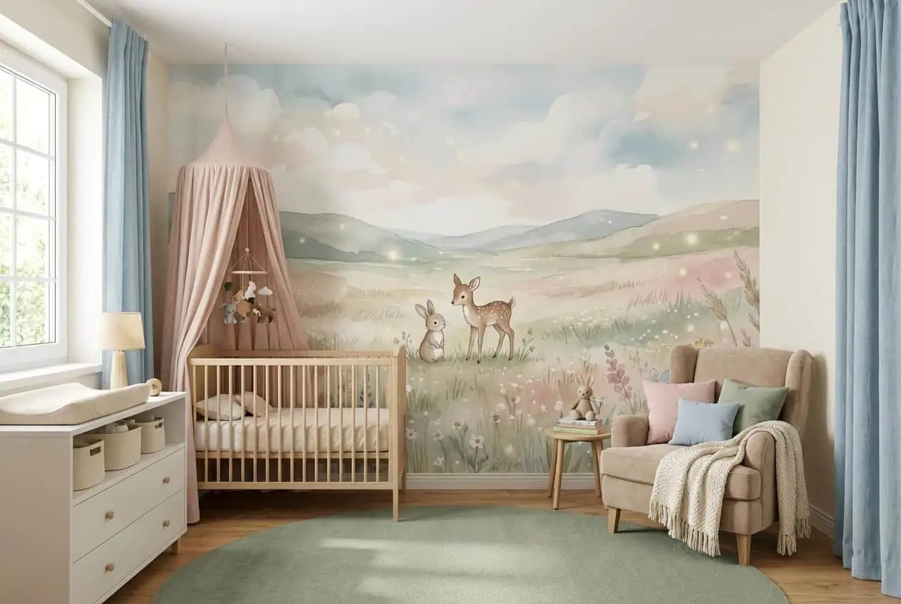 dieren behang pastel achter ledikant in lichte babykamer