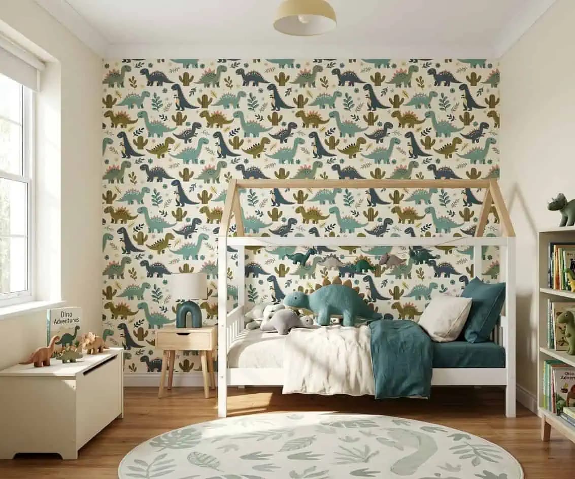 dino behang groen blauw mosterd achter peuterbed in kinderkamer