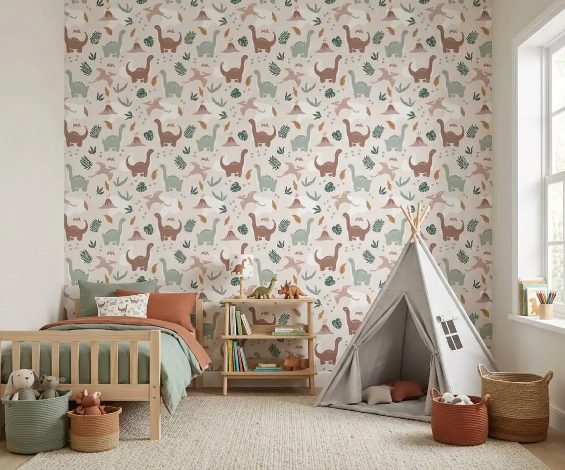 dino behang groen taupe achter bed en tipi tent in kinderkamer