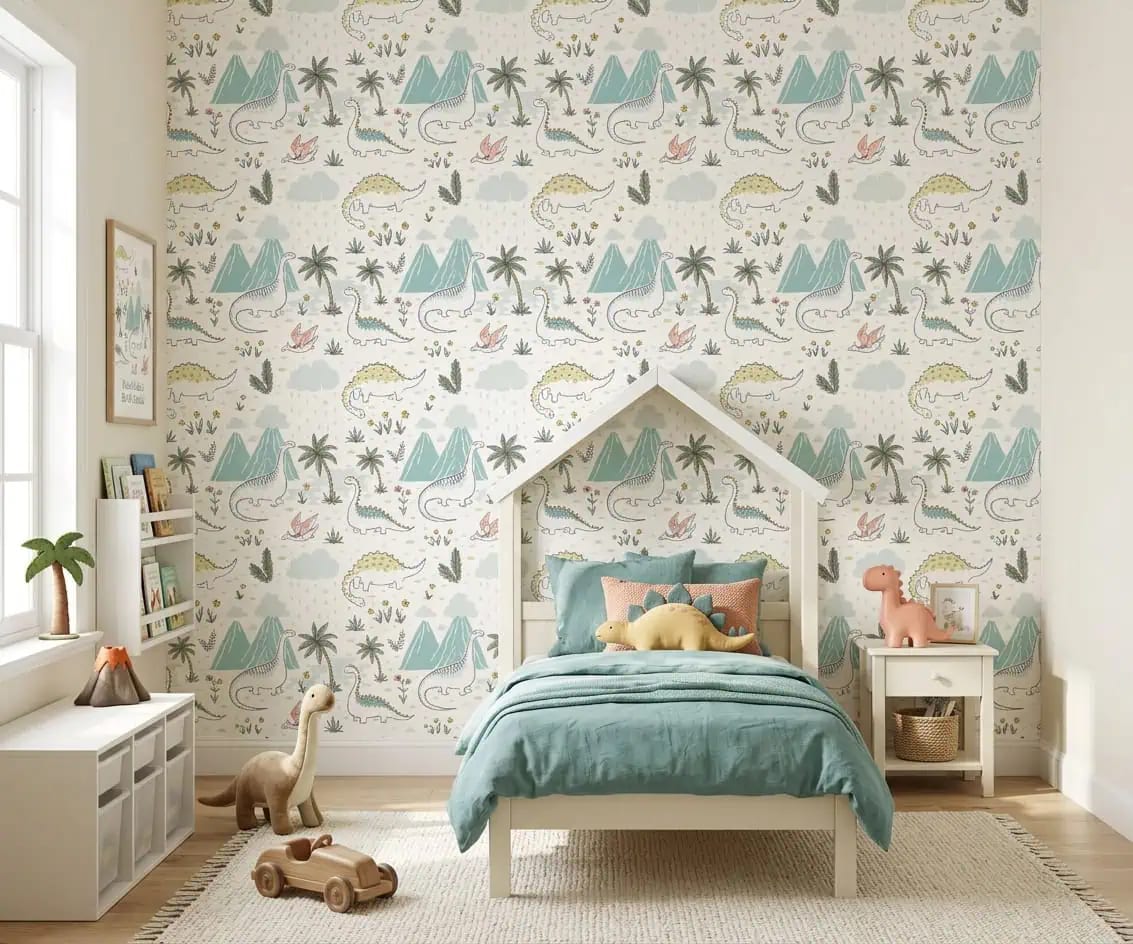dino behang groen geel achter huisvormig kinderbed in kinderkamer