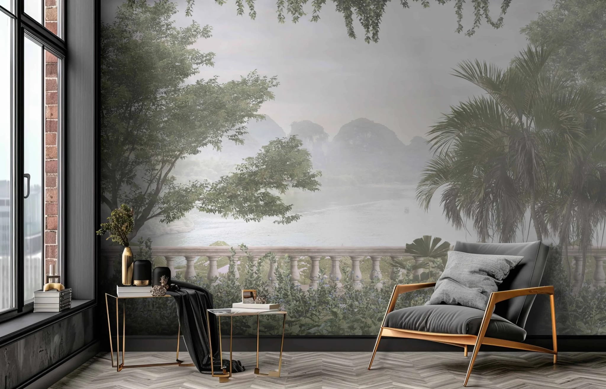 Fotobehang dromerig terras met meer achter designfauteuil in moderne woonkamer