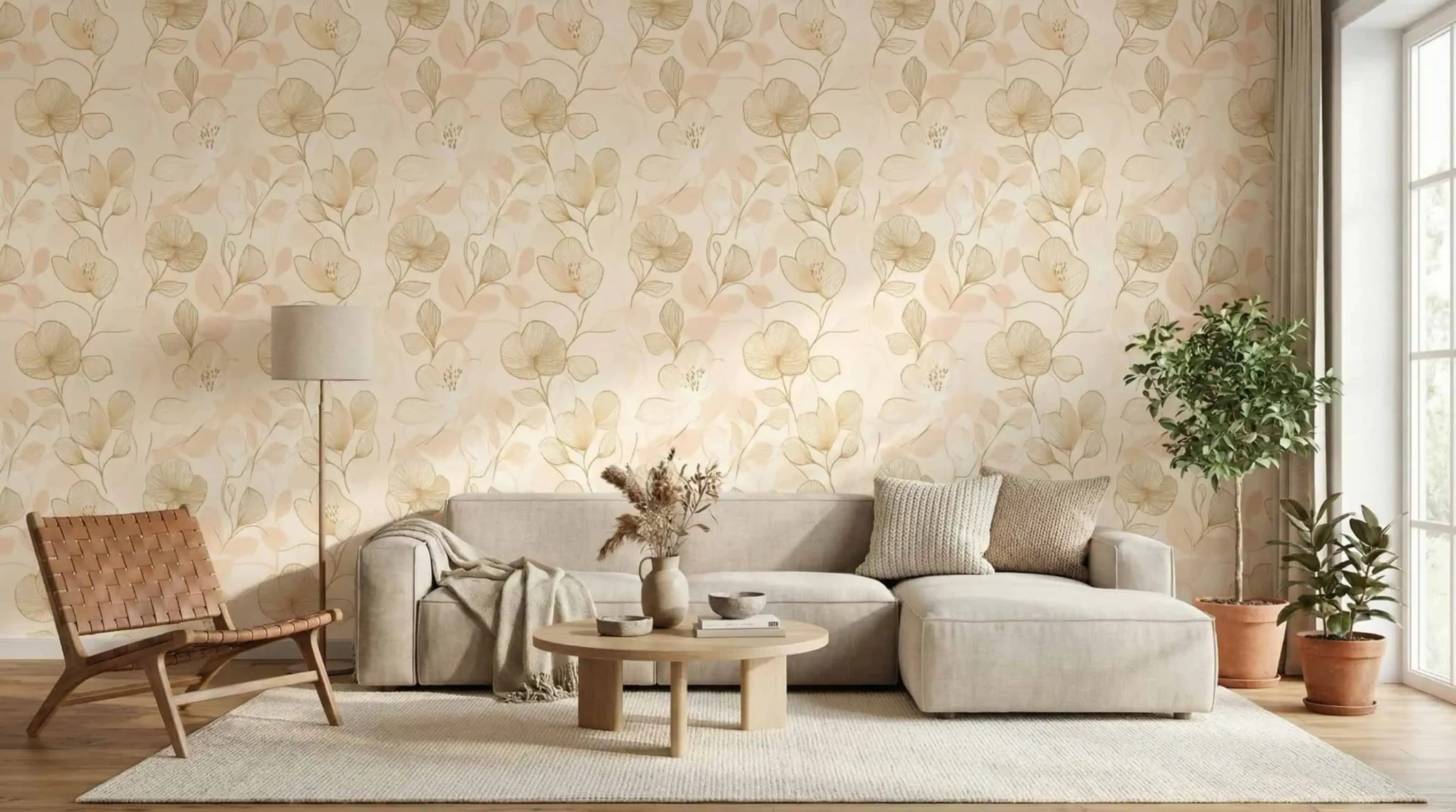 elegant bloemen behang in beige met gouden lijnen in de woonkamer