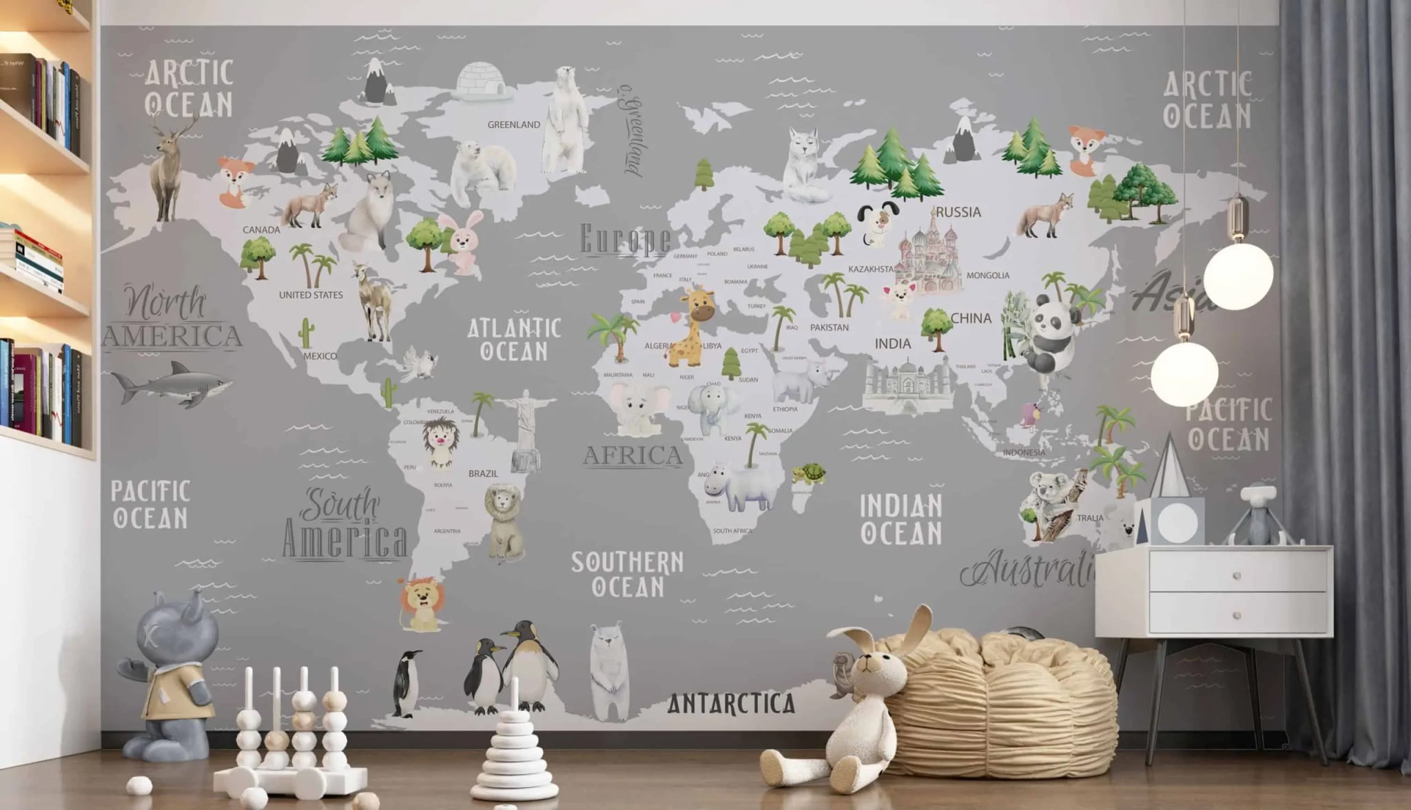 fotobehang wereldkaart kinderkamer met dieren in zachte grijstinten in het interieur