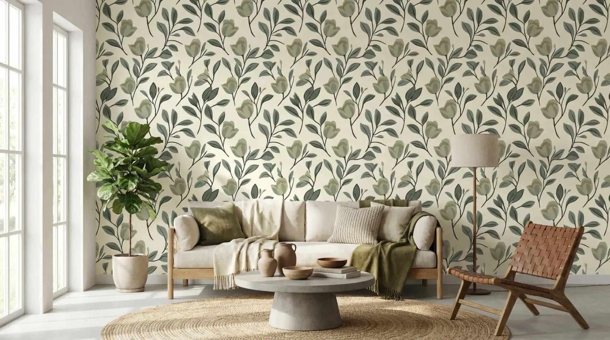 groen bloemen behang met grafische tulpvormen achter bank in lichte woonkamer