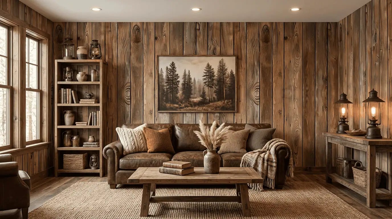 houtlook behang bruin achter leren bank in sfeervolle woonkamer
