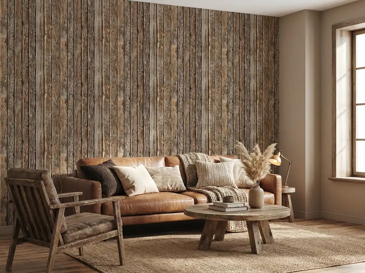 houtlook behang bruin achter leren bank in moderne woonkamer