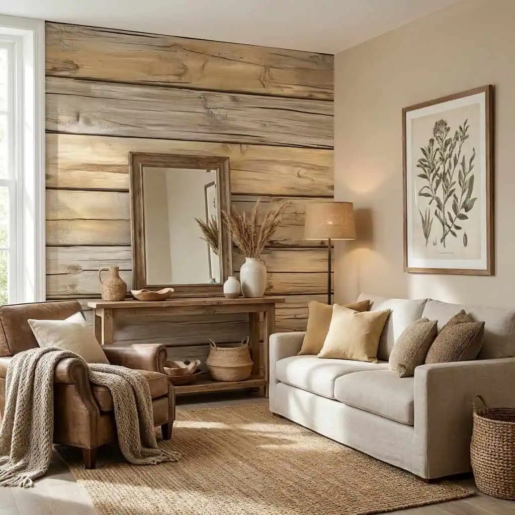 houtlook behang zandkleur achter bank en fauteuil in gezellige woonkamer