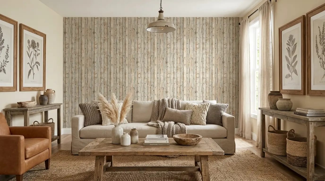 houtlook behang zandkleur achter bank in lichte woonkamer
