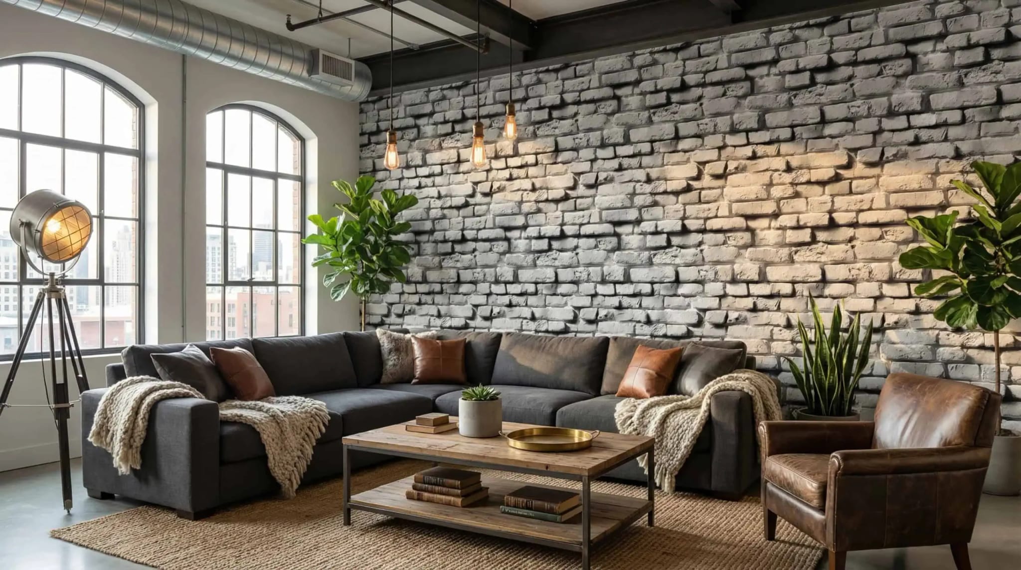 grijs baksteen behang met industriële loft sfeer in de woonkamer