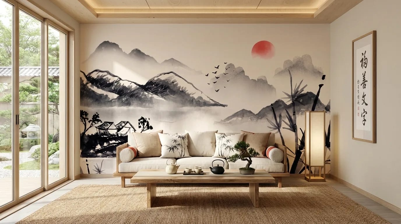 japans berglandschap behang achter bank in lichte woonkamer