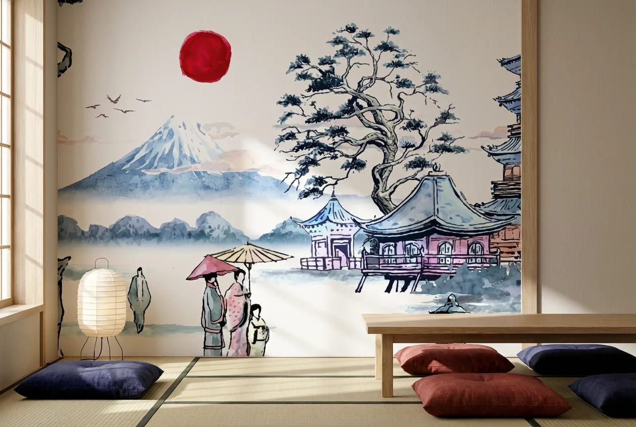 japans behang berglandschap achter lage tafel in eetkamer
